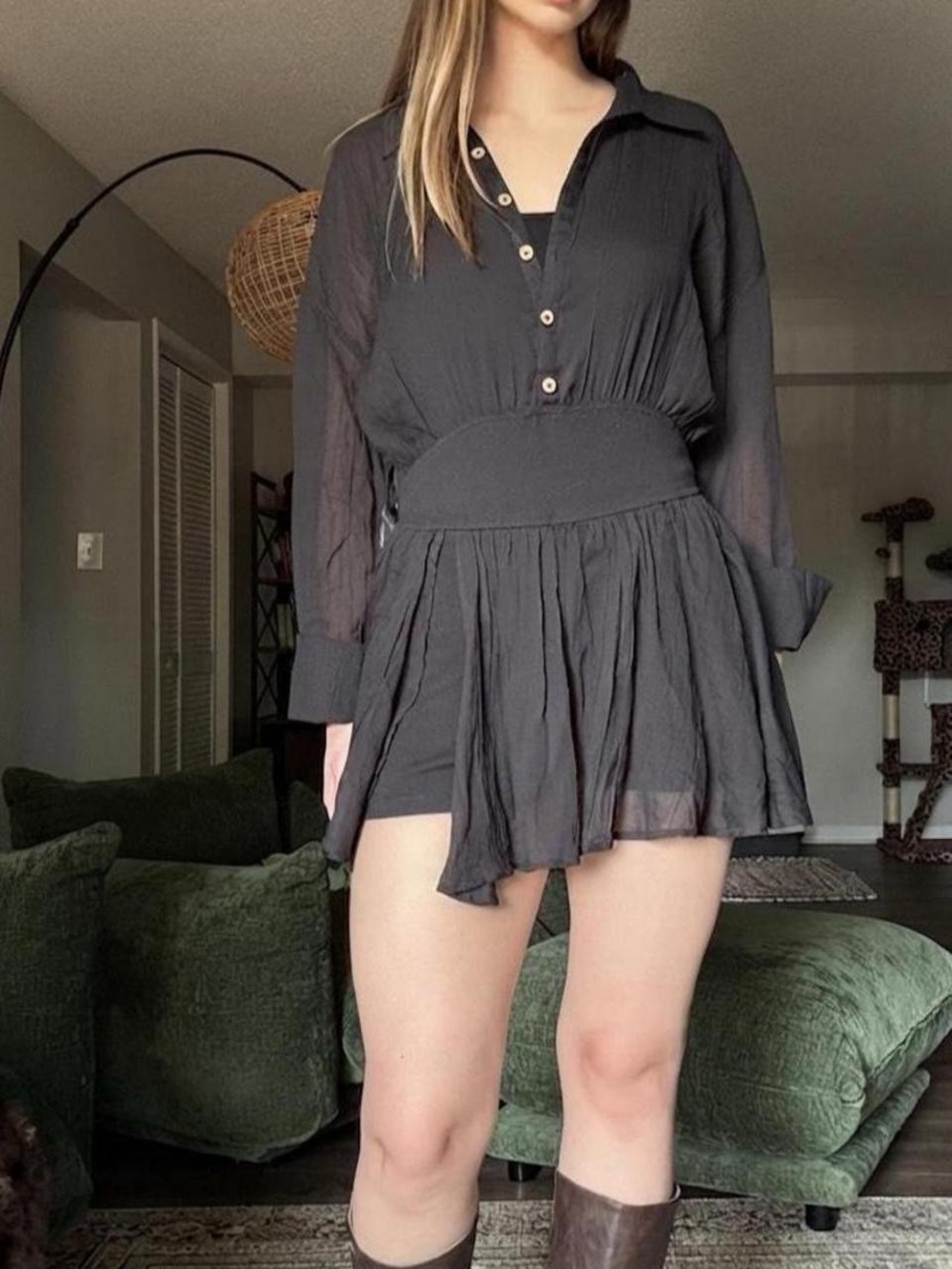 NWT Free People Black Button-Front Smocked Waist Romper